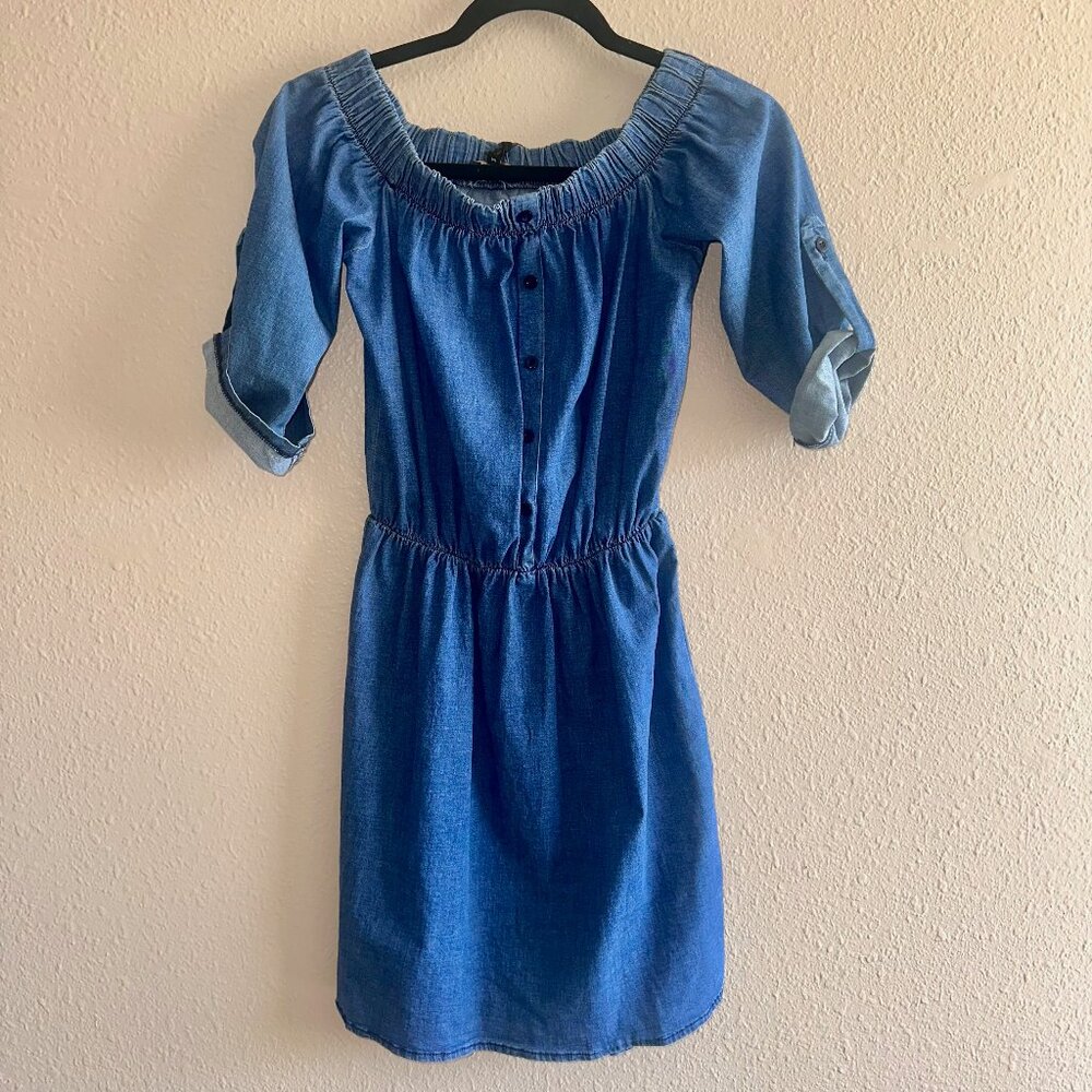 Nabila NWT Blue Button Up Denim Dress Roll Tab Sleeve Size Medium Country Style